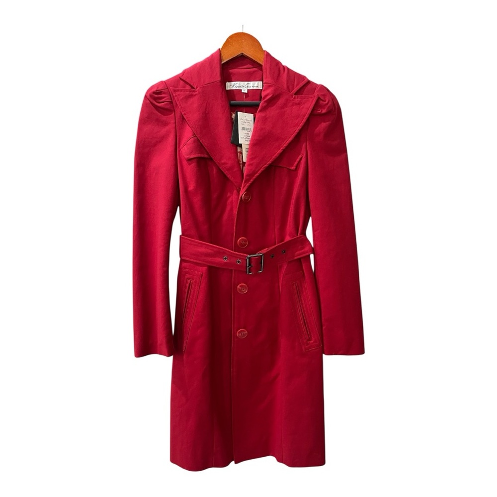Kenneth Cole Red Trench Coat with Belted Waist and Classic Lapel Peacoat